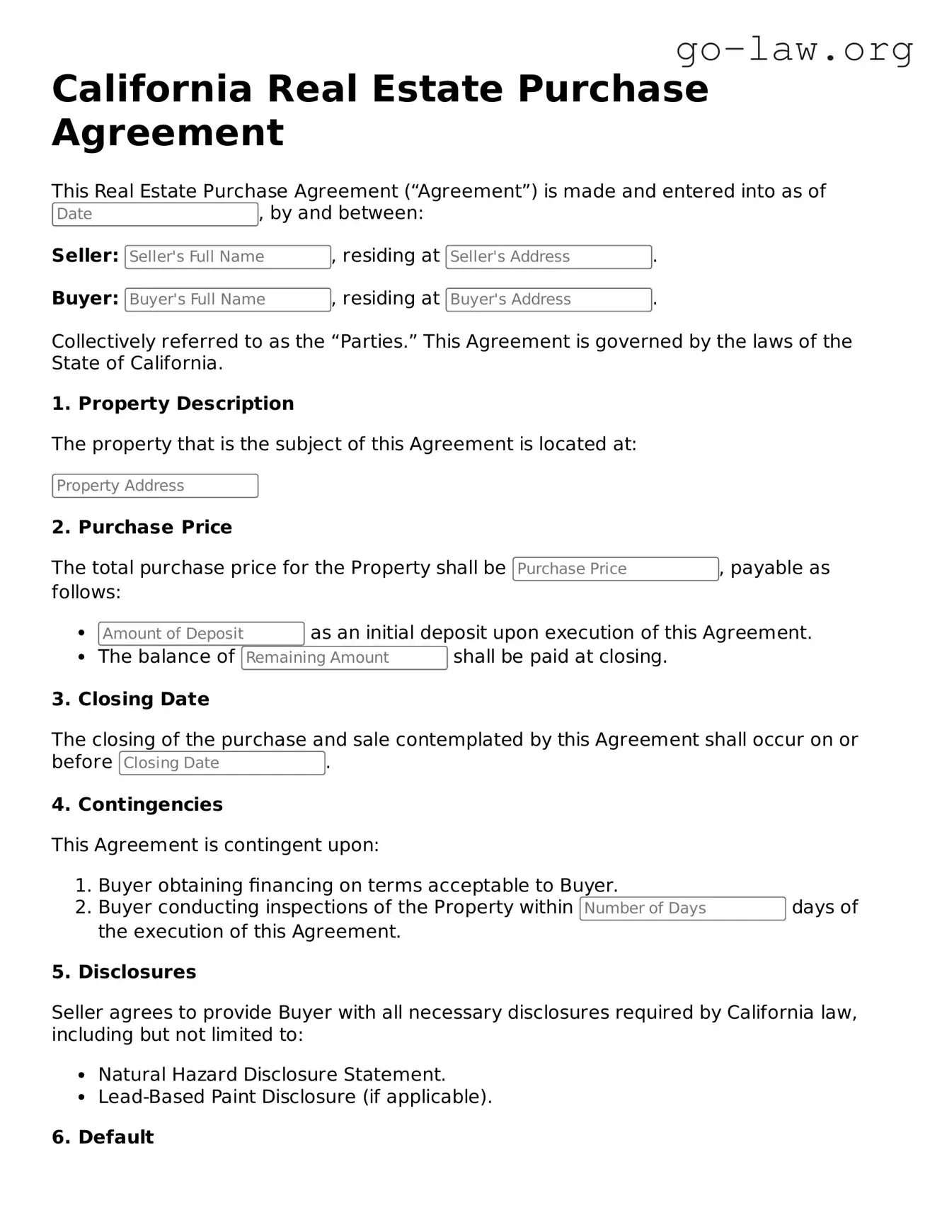 Fillable California Real Estate Purchase Agreement Form