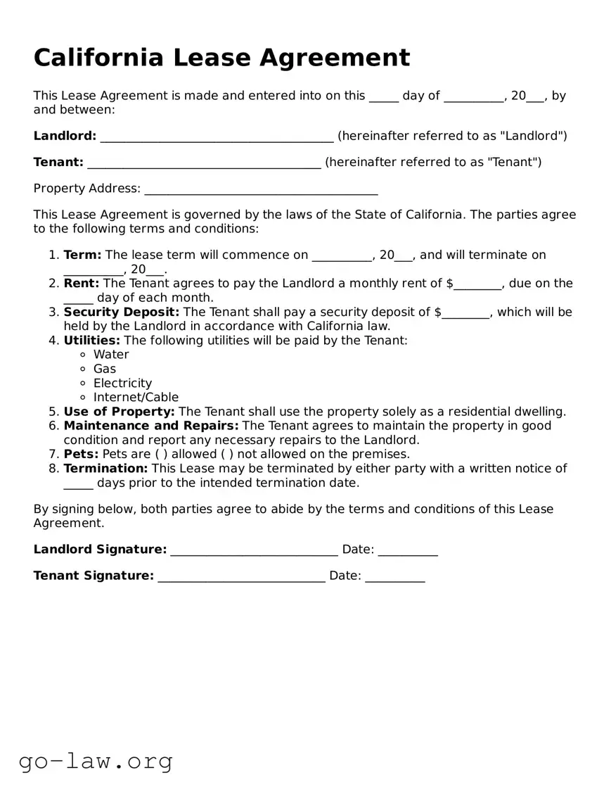 Fillable California Lease Agreement Form