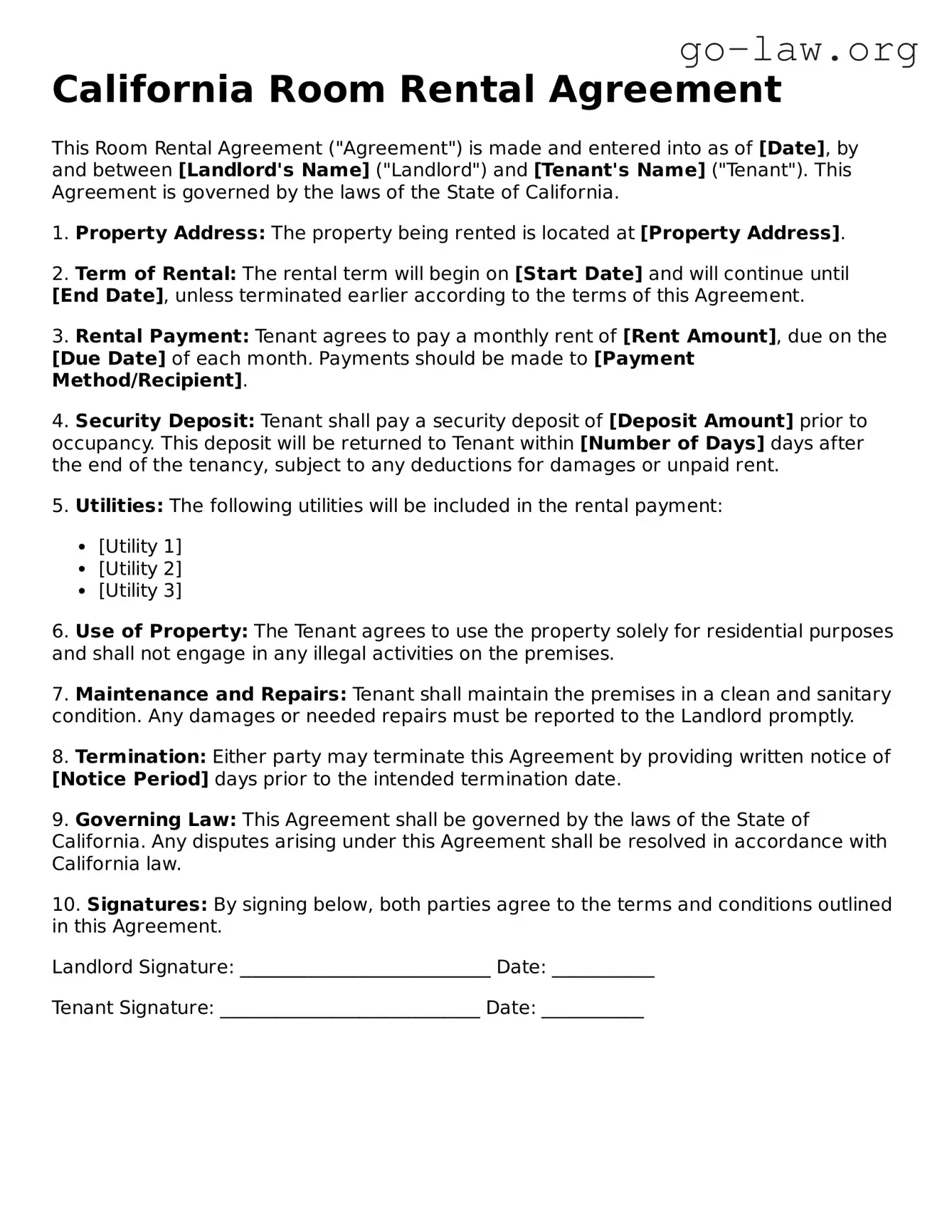 Fillable California Room Rental Agreement Form