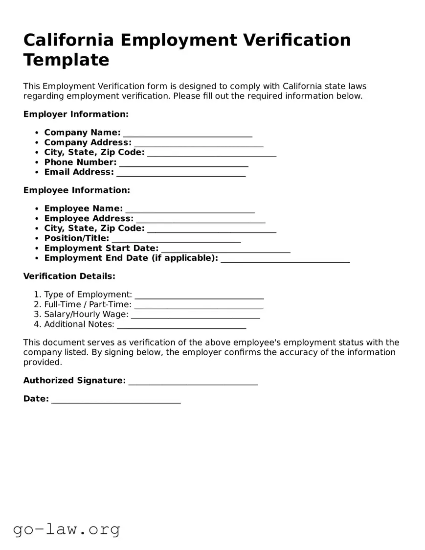 Fillable California Employment Verification Form