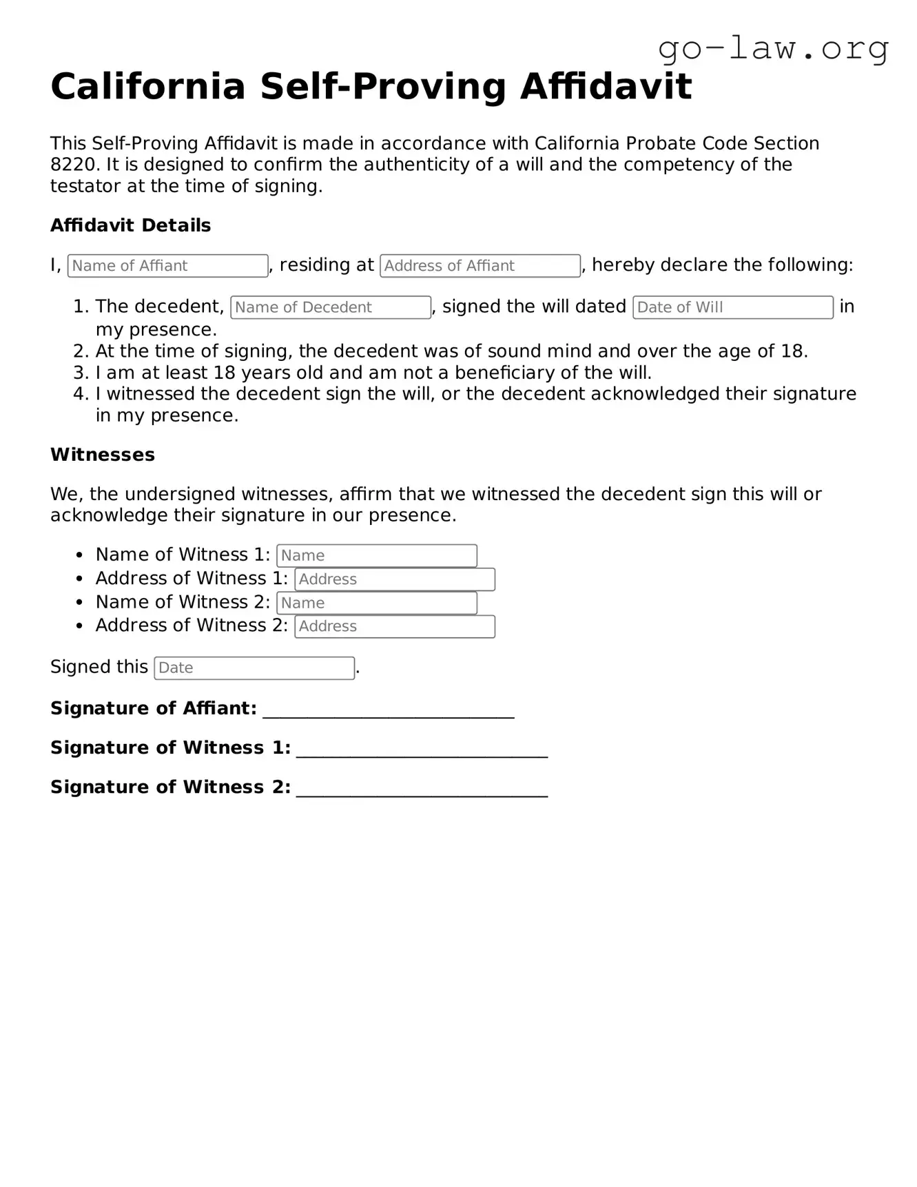 Fillable California Self-Proving Affidavit Form