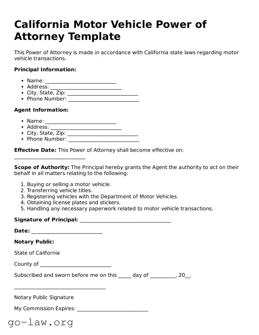 Fillable California Motor Vehicle Power of Attorney Form