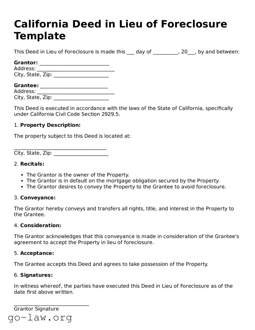 Fillable California Deed in Lieu of Foreclosure Form