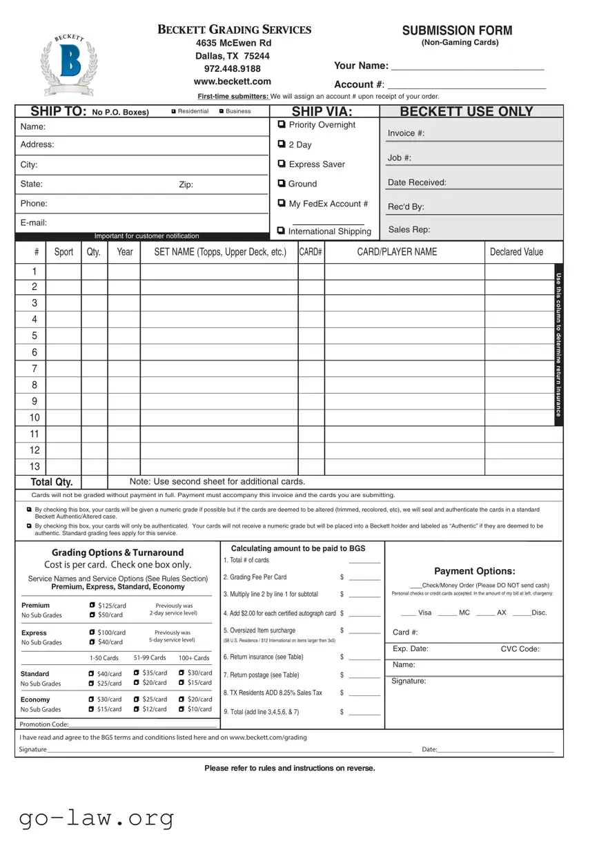 Download Beckett Grading Form in PDF
