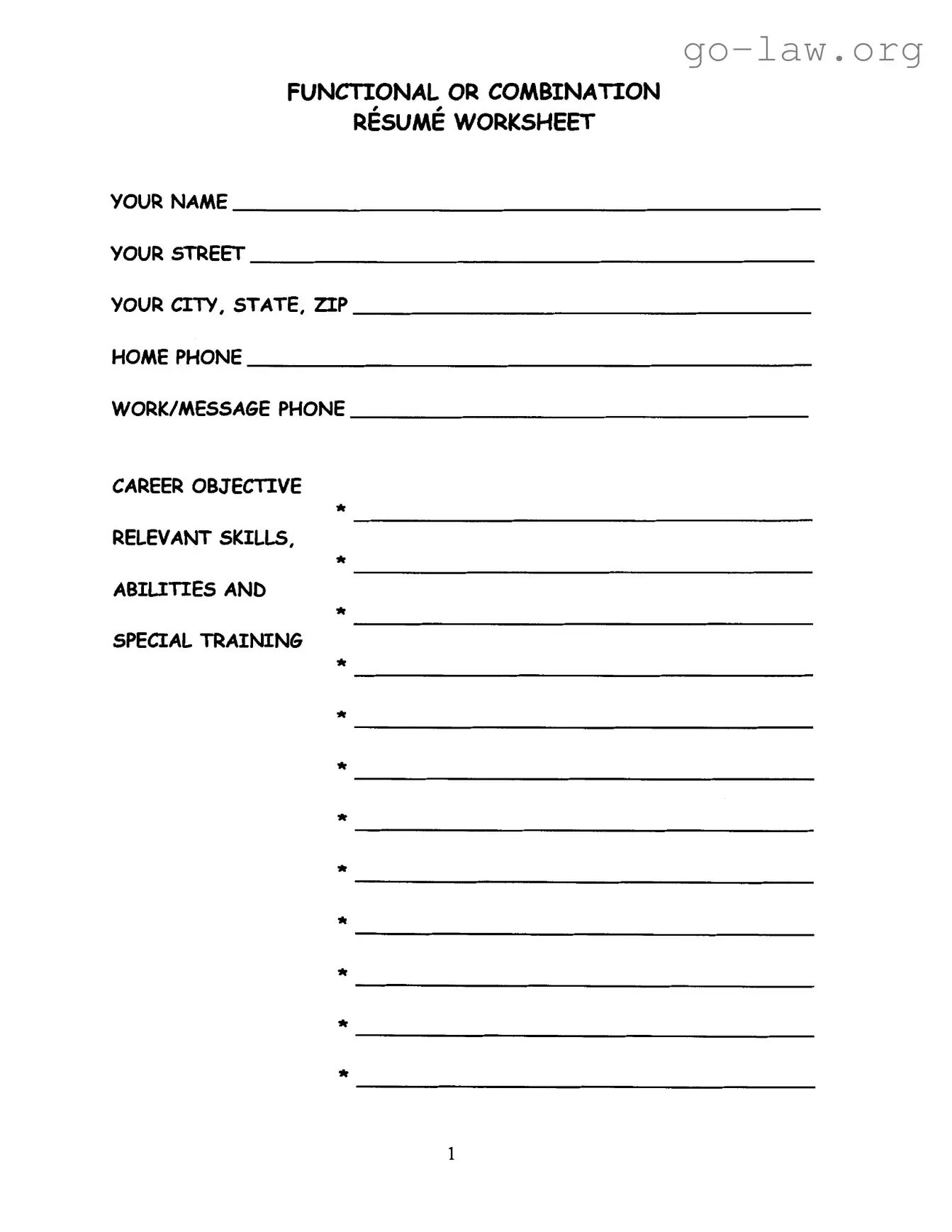 Download Fill In The Resume Worksheet Form in PDF