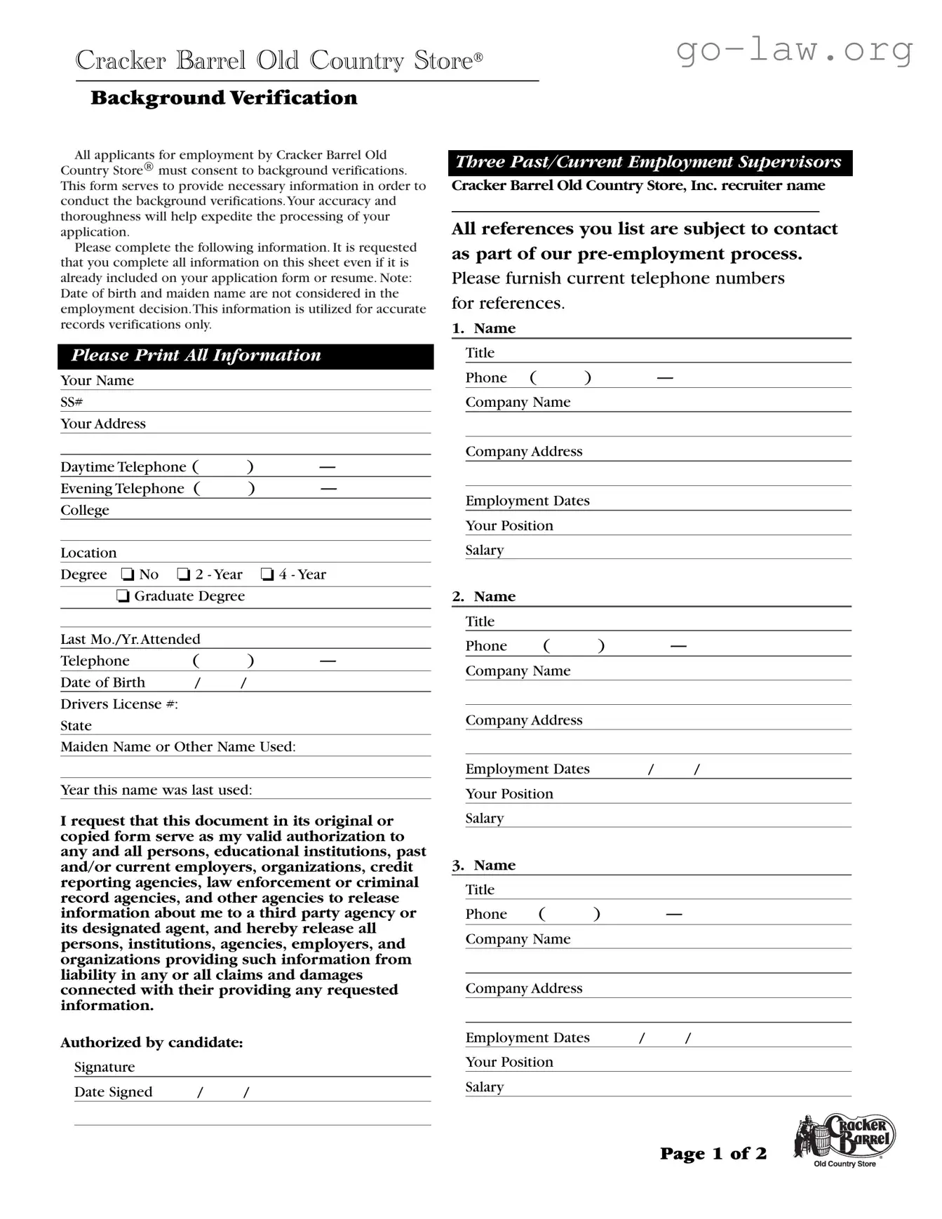 Download Cracker Barrel Background Check Form in PDF