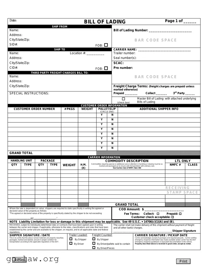 Download Bill Of Lading Form in PDF