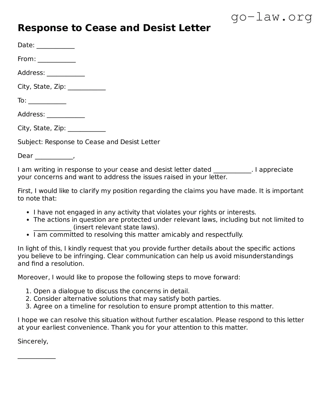 Blank Response to a Cease and Desist Letter Template