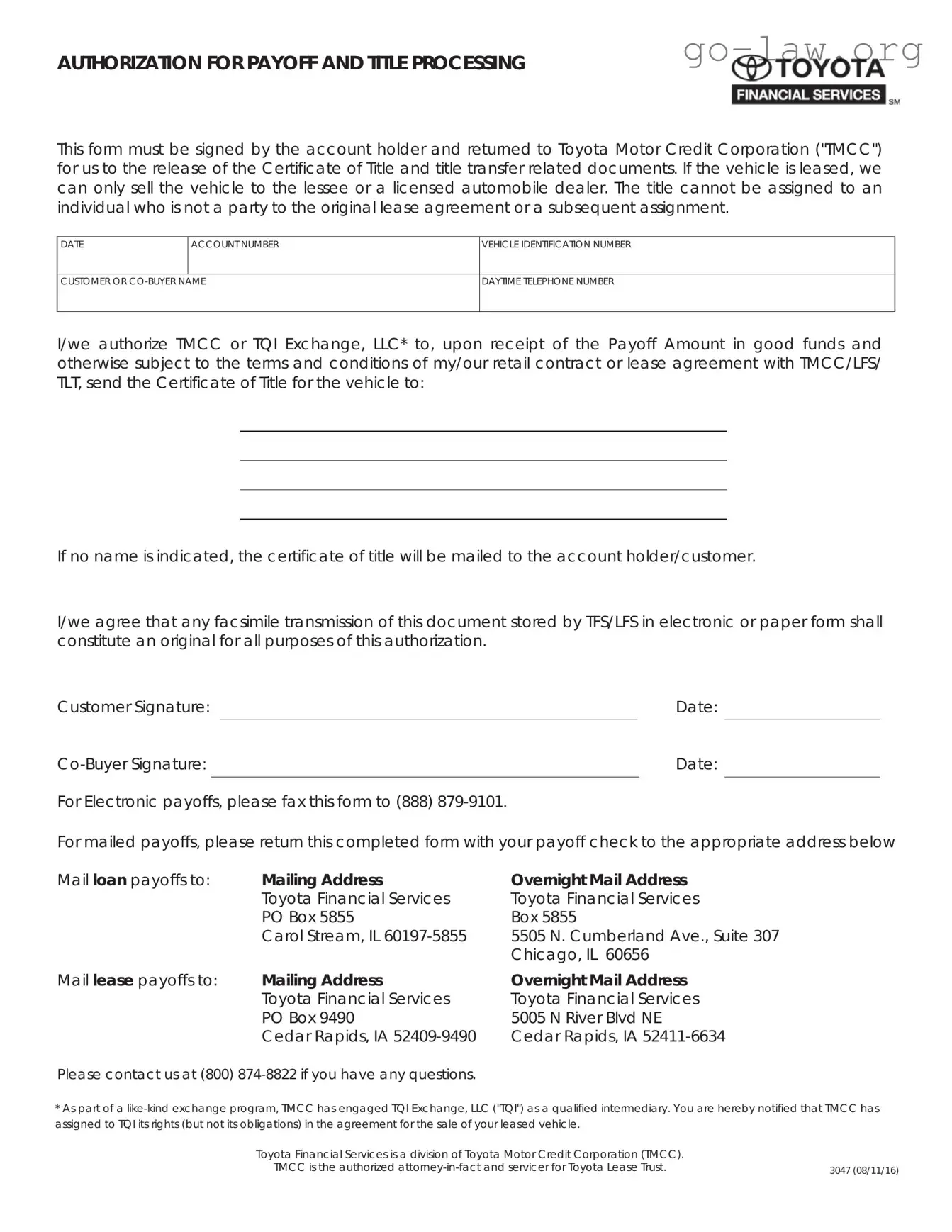 Download Toyota Finacial Payoff Form in PDF