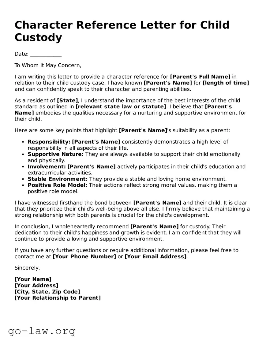 Blank Character Reference Letter for Child Custody Template