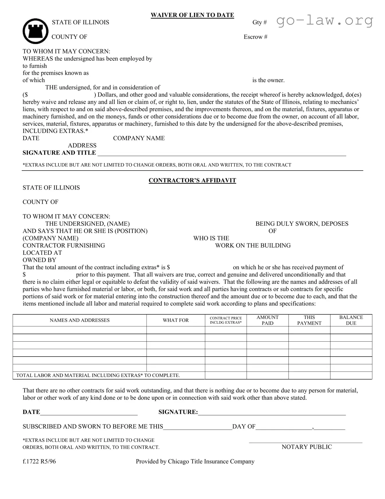 Download Chicago Title Waiver Format Form in PDF