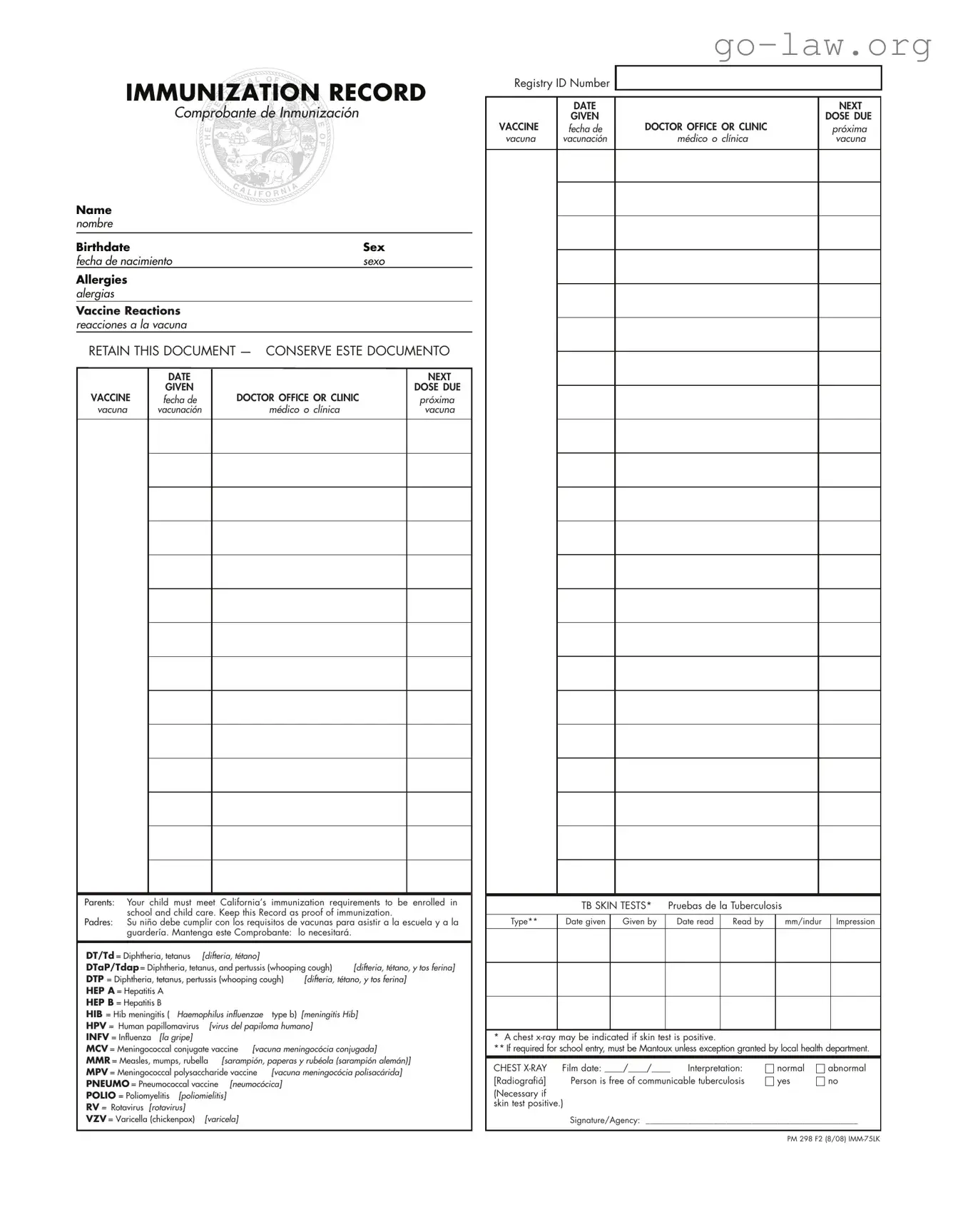 Download Immunization Record Form in PDF