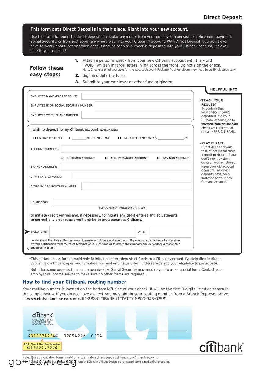 Download Citibank Direct Deposit Form in PDF