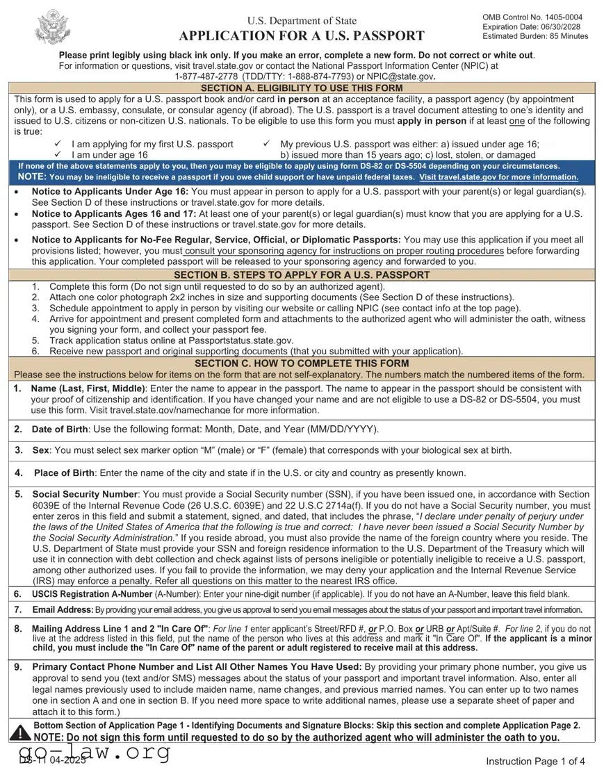 Download DS-11 U.S. Passport application Form in PDF
