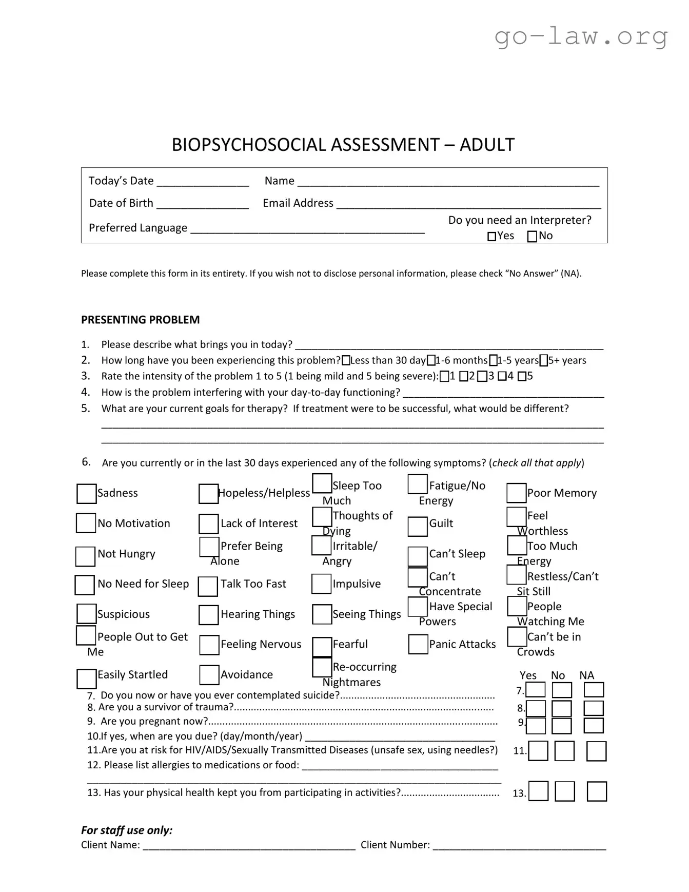 Download Biopsychosocial Assessment Social Work Form in PDF