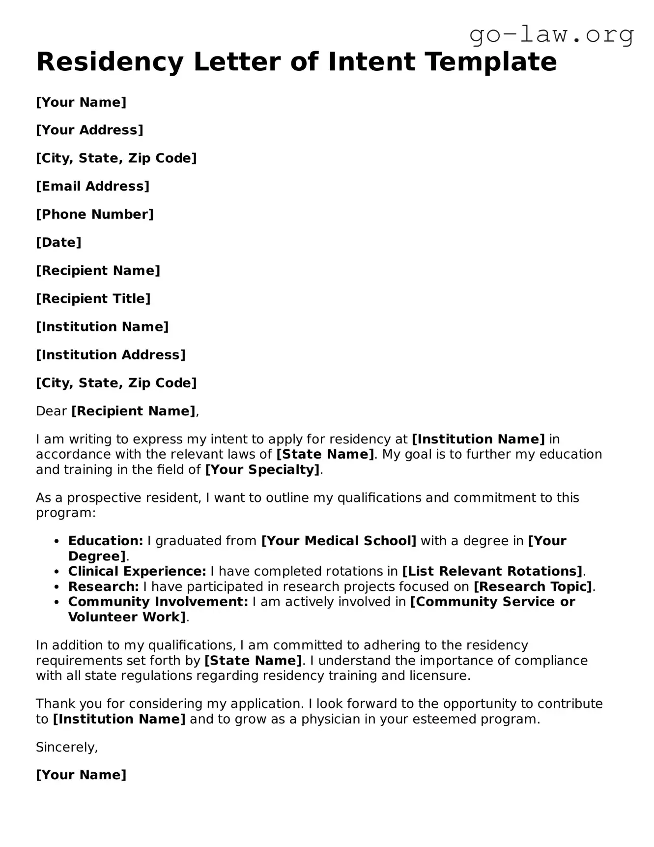 Blank Residency Letter of Intent Template