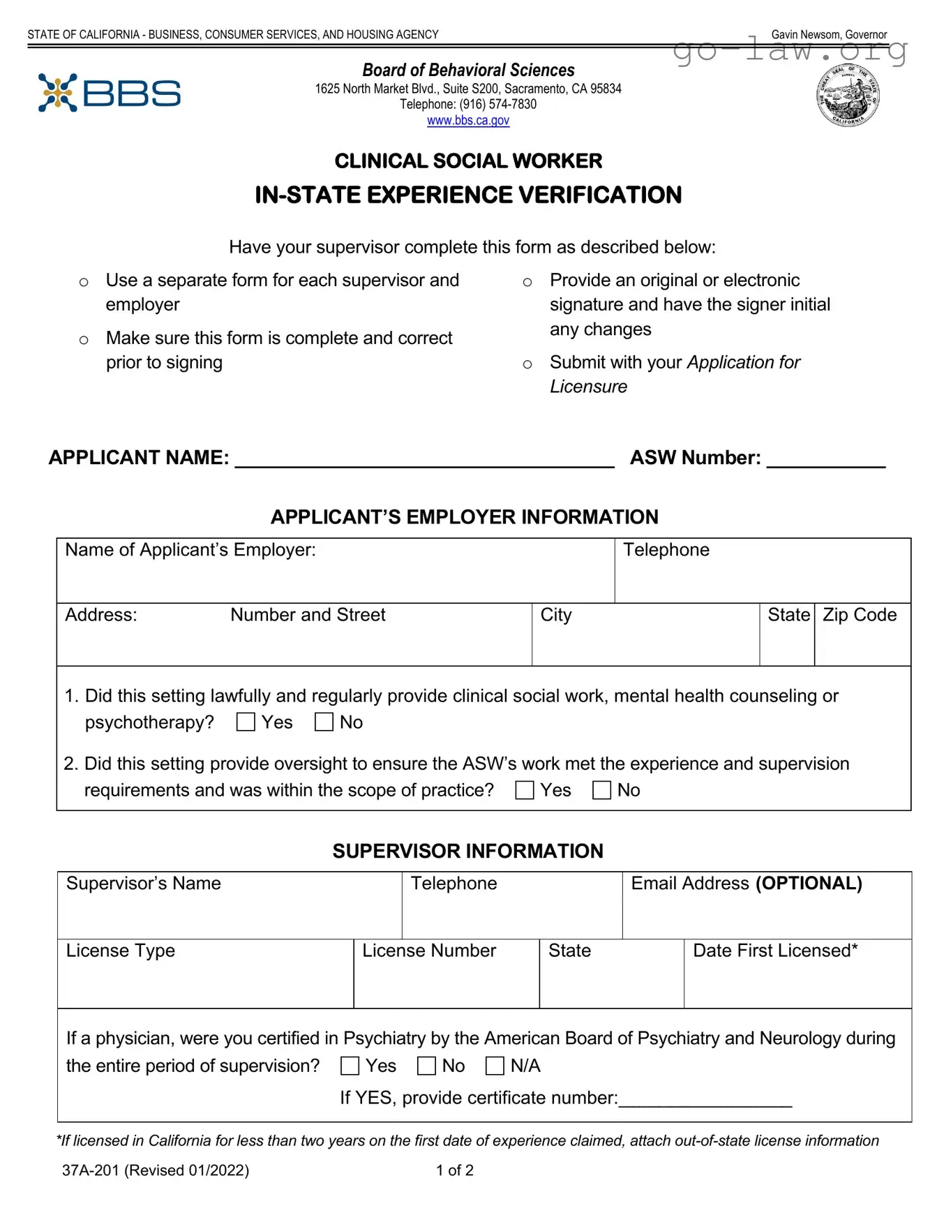 Download Clinical Social Experience Verification Form in PDF