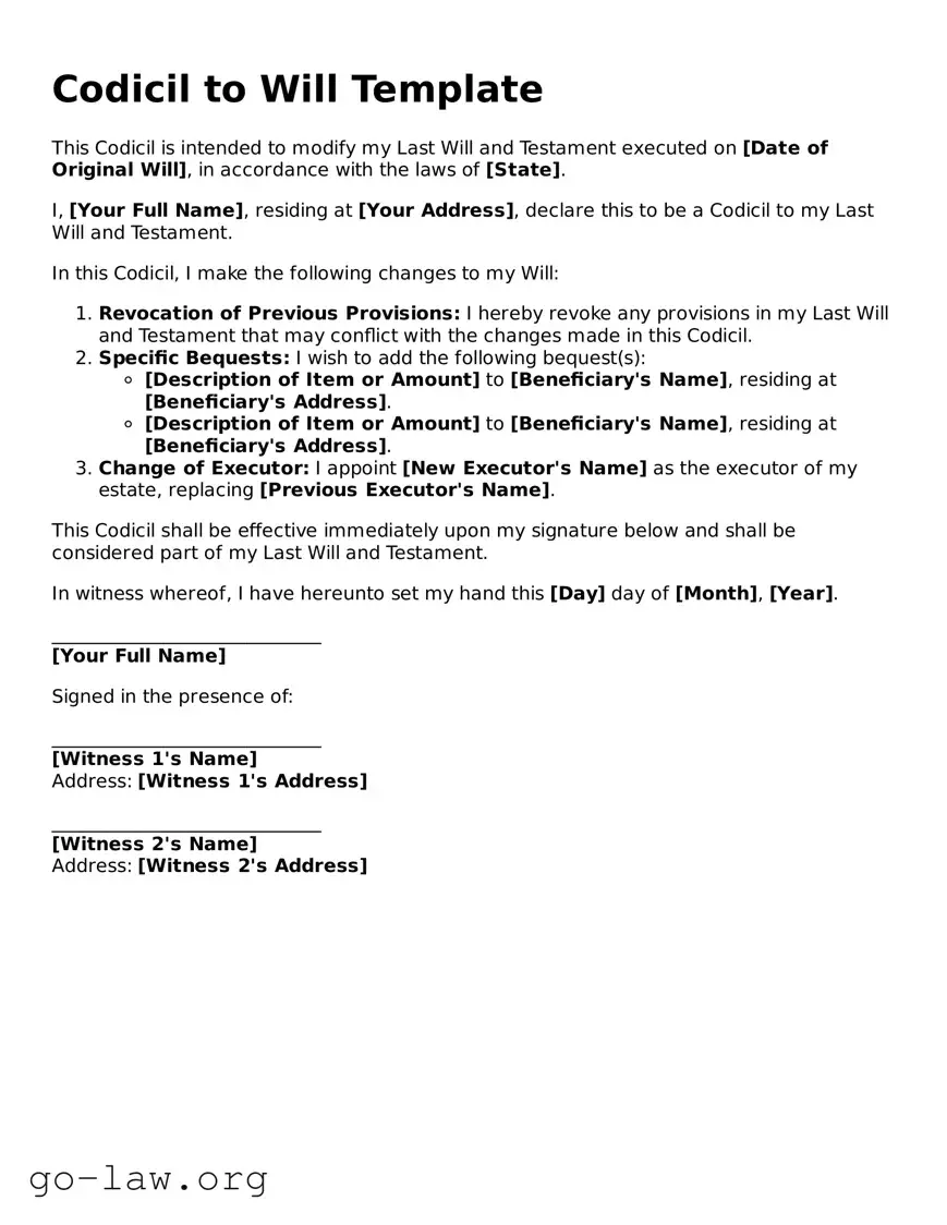 Blank Codicil to Will Template