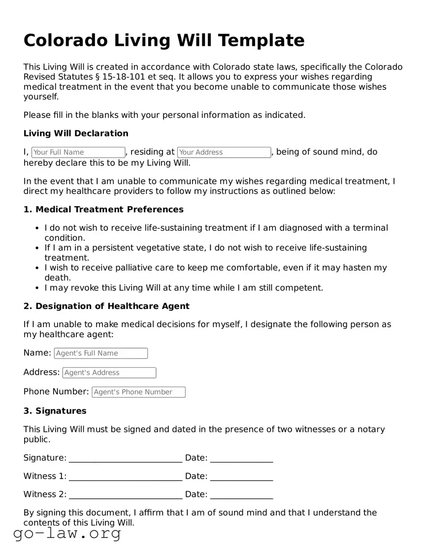 Fillable Colorado Living Will Form