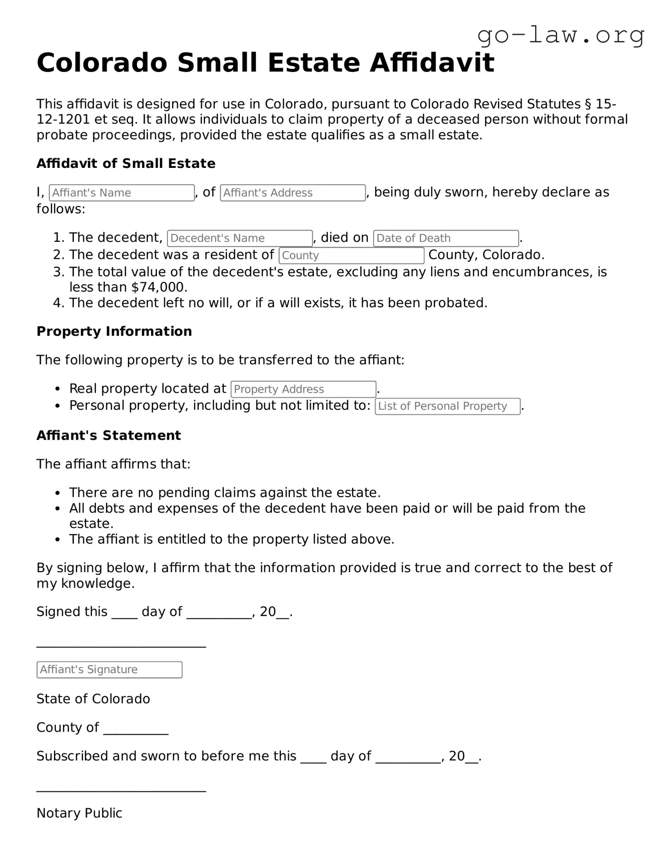 Fillable Colorado Small Estate Affidavit Form