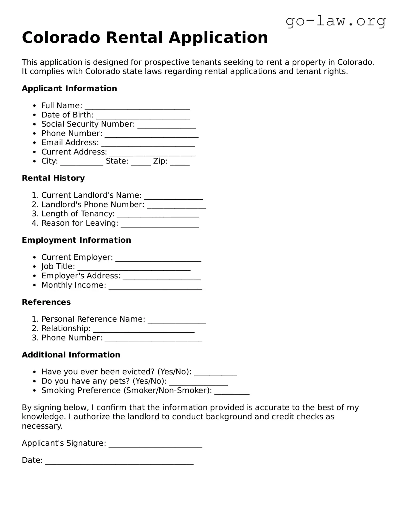 Fillable Colorado Rental Application Form