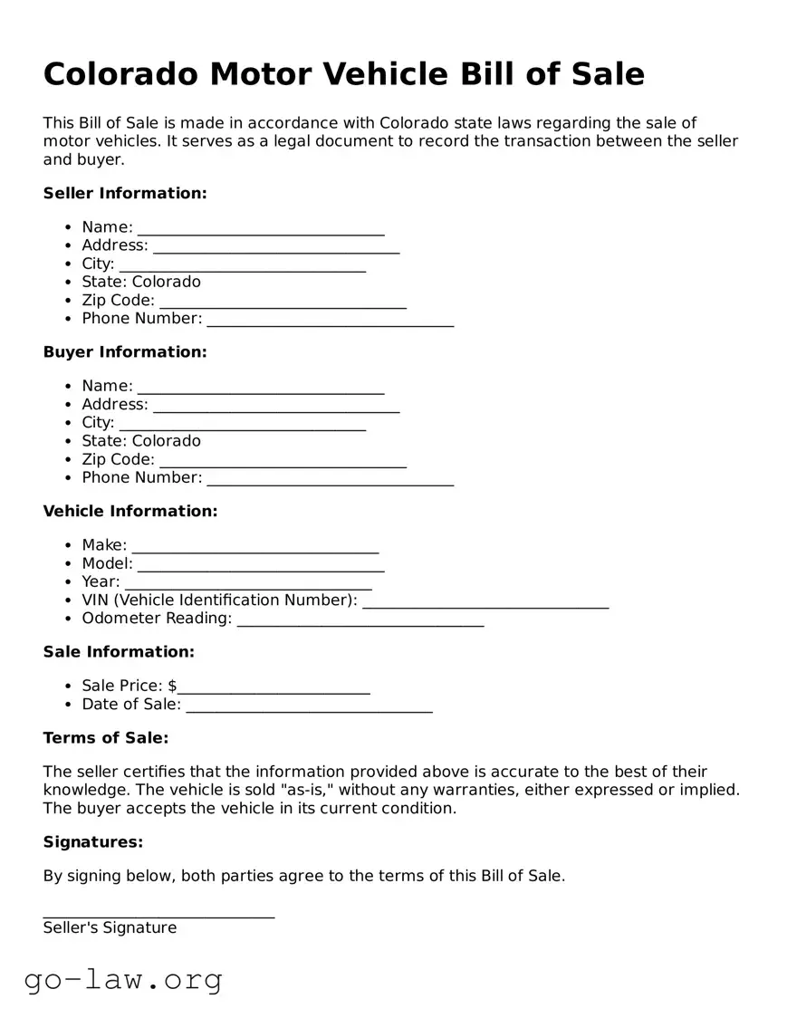 Fillable Colorado Motor Vehicle Bill of Sale Form