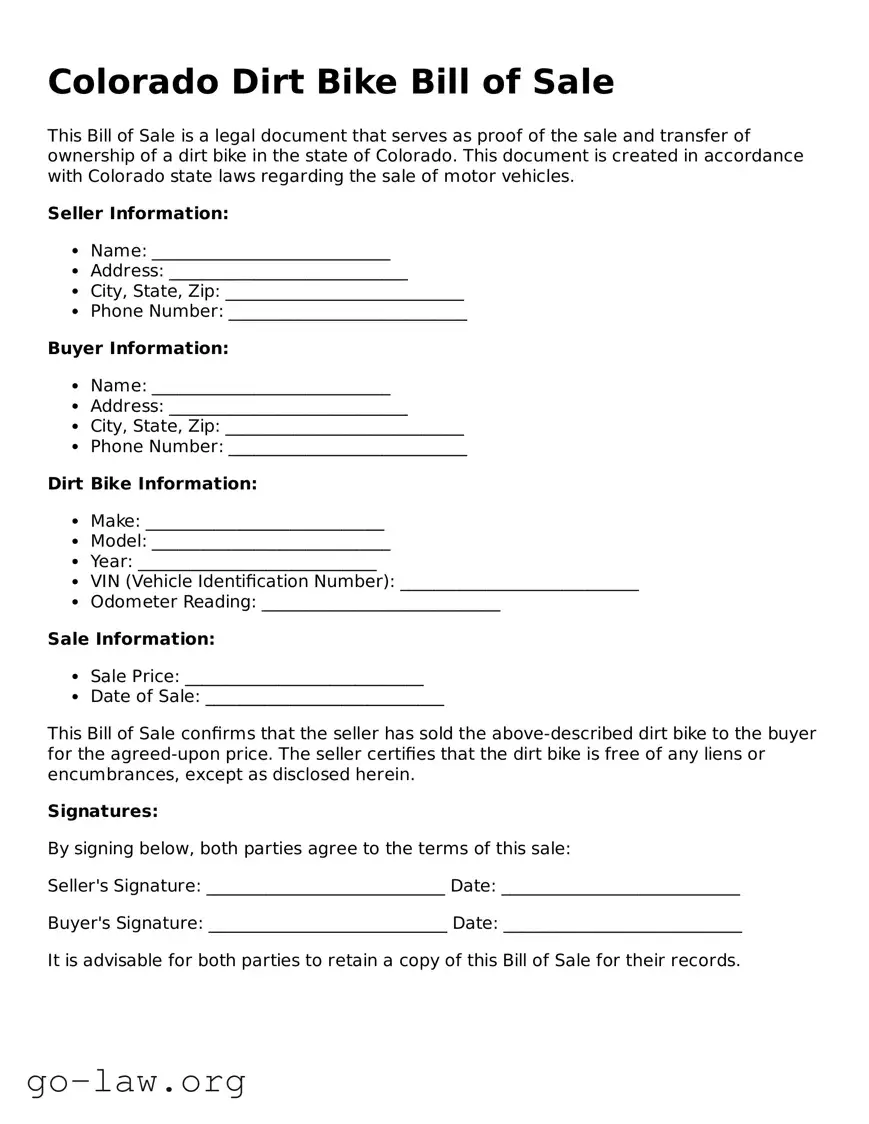 Fillable Colorado Dirt Bike Bill of Sale Form