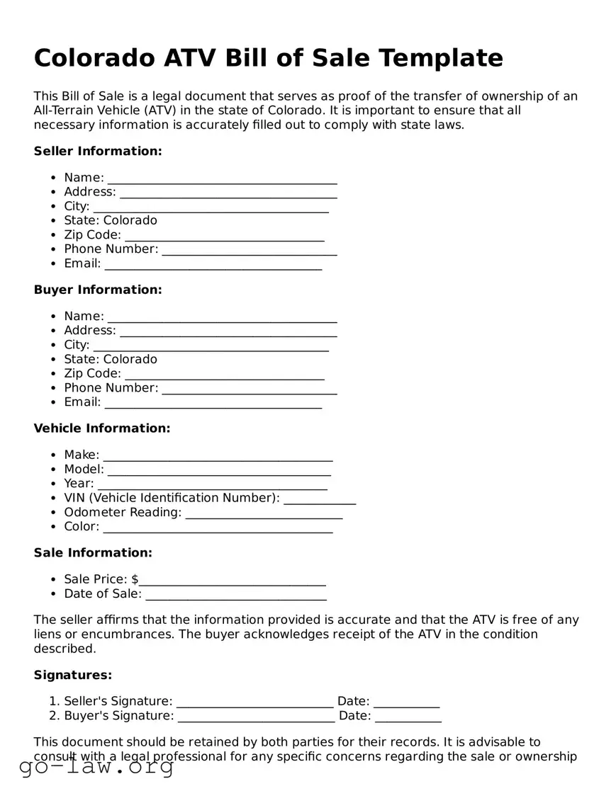 Fillable Colorado ATV Bill of Sale Form