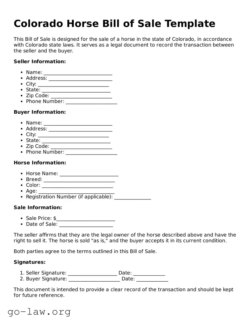 Fillable Colorado Horse Bill of Sale Form