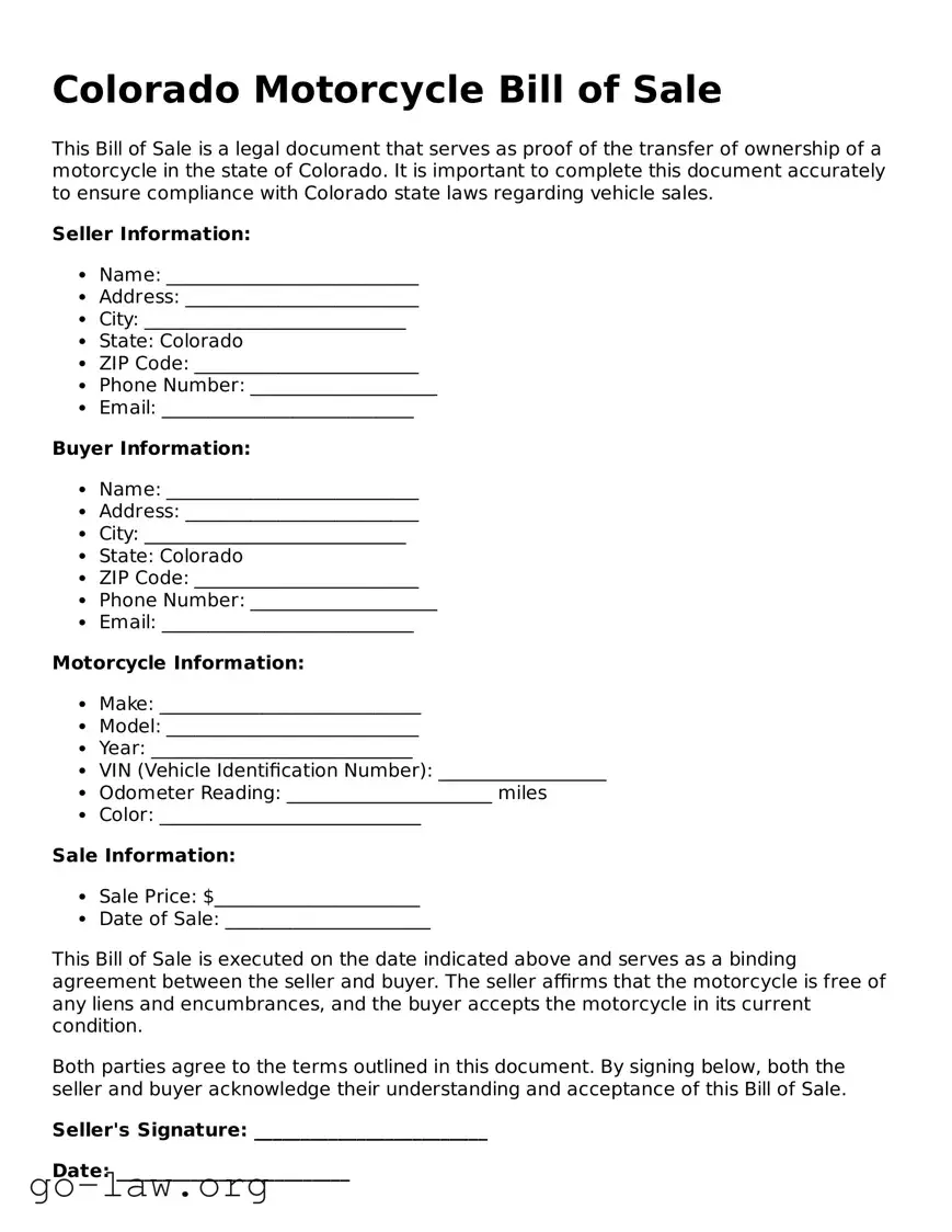 Fillable Colorado Motorcycle Bill of Sale Form