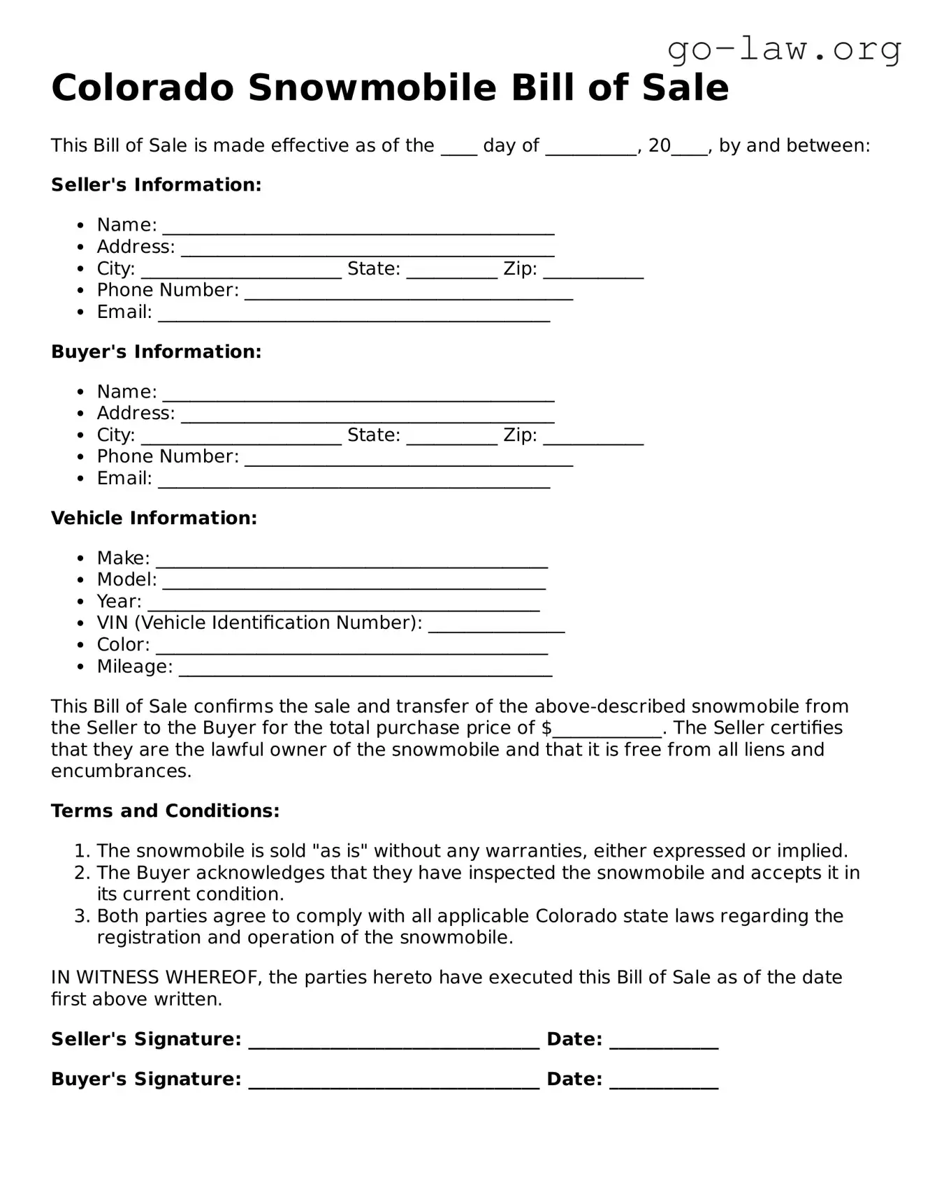 Fillable Colorado Snowmobile Bill of Sale Form