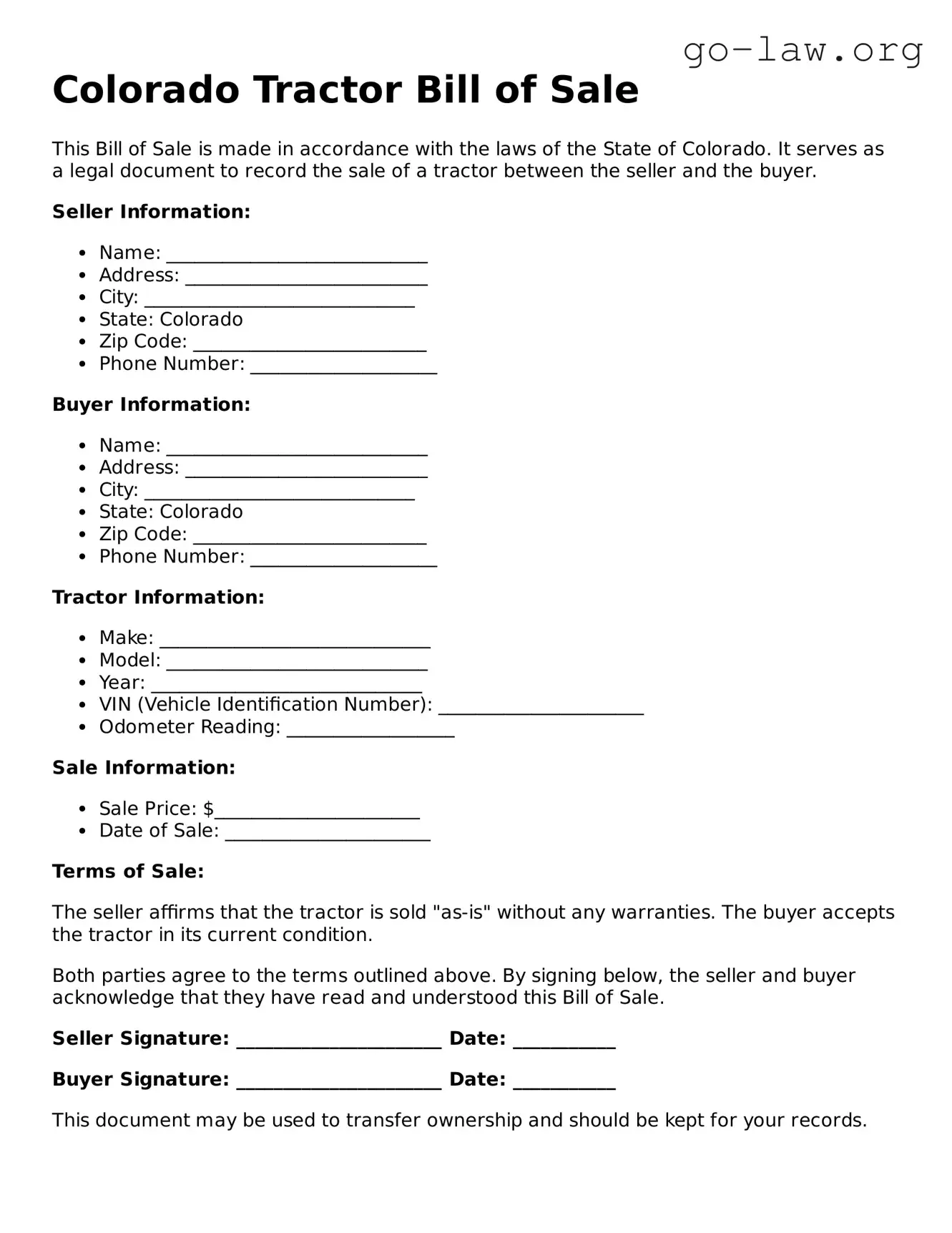 Fillable Colorado Tractor Bill of Sale Form