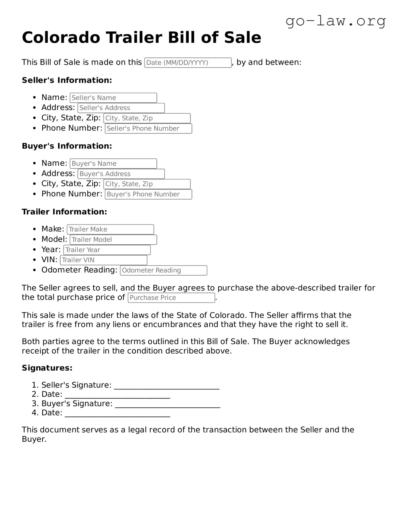 Fillable Colorado Trailer Bill of Sale Form