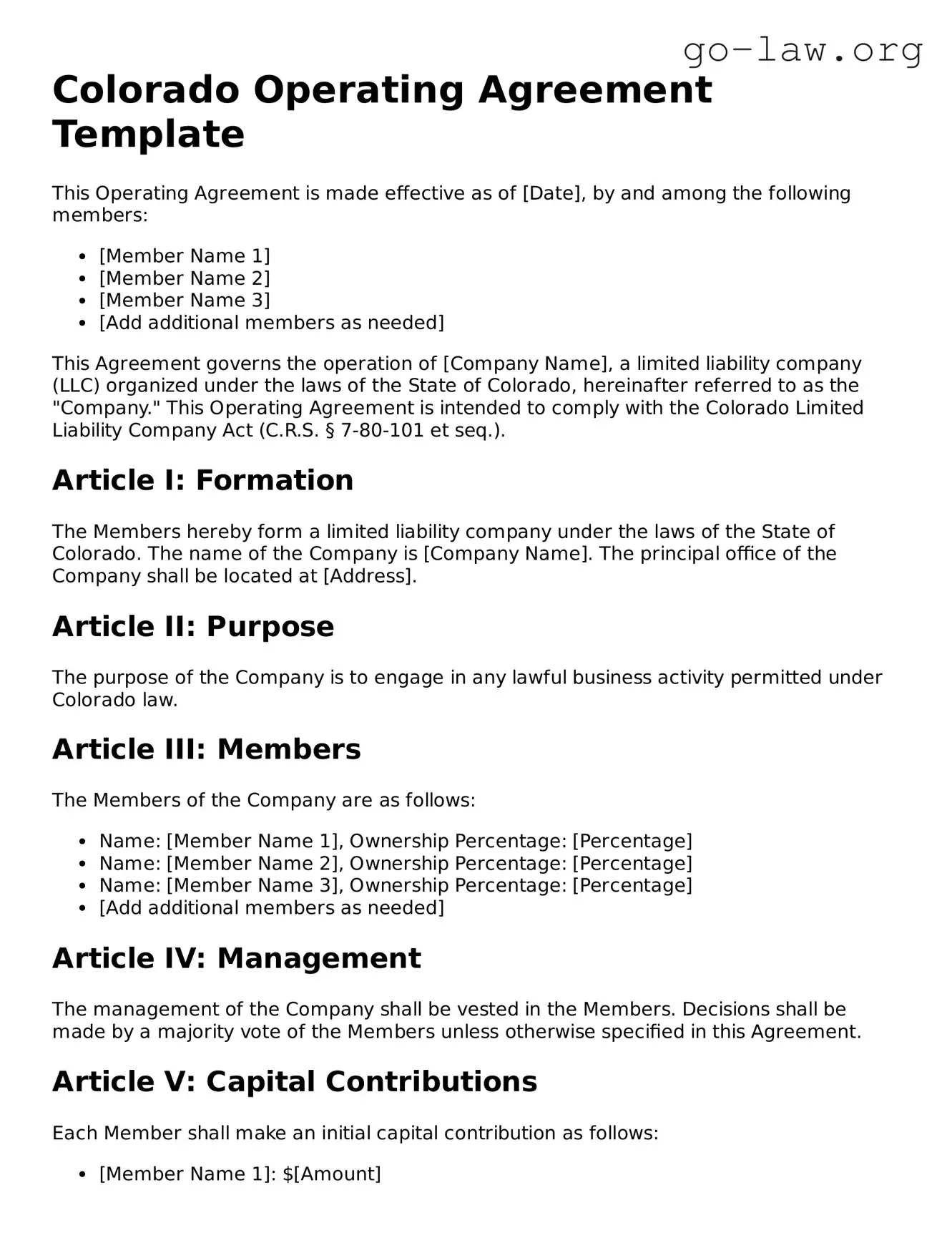 Fillable Colorado Operating Agreement Form