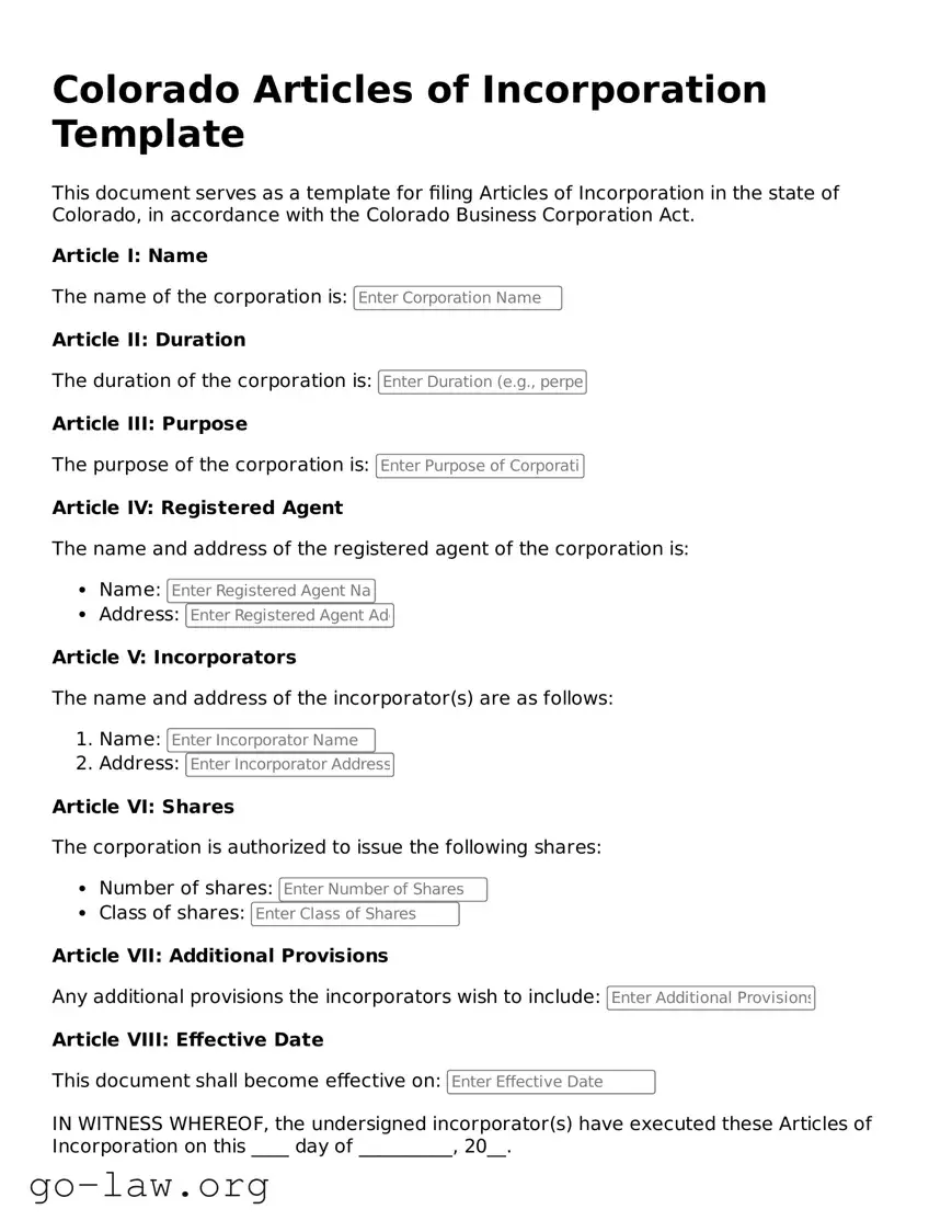 Fillable Colorado Articles of Incorporation Form