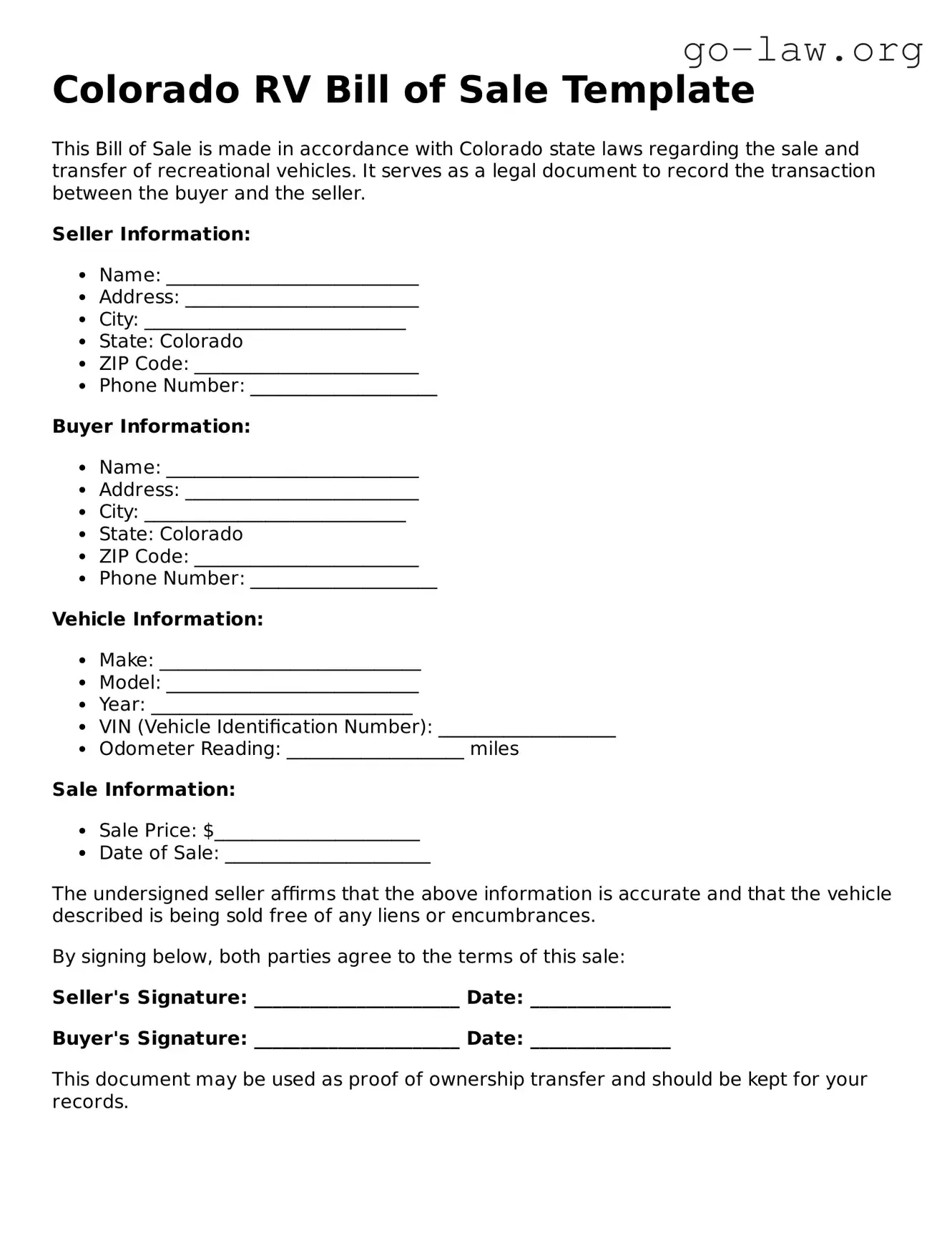 Fillable Colorado RV Bill of Sale Form