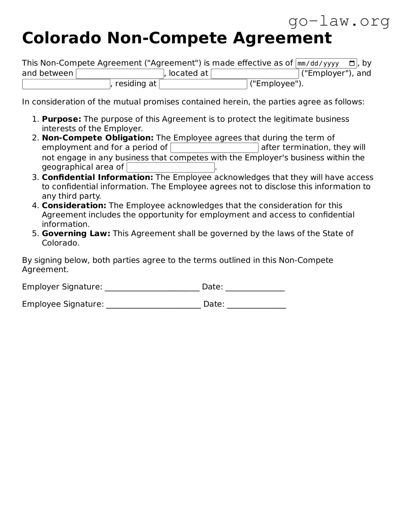 Fillable Colorado Non-compete Agreement Form