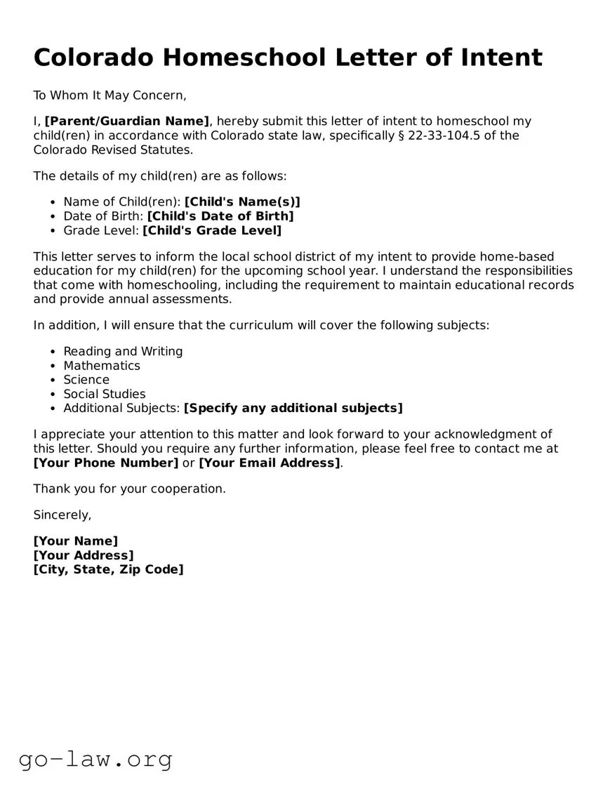 Fillable Colorado Homeschool Letter of Intent Form