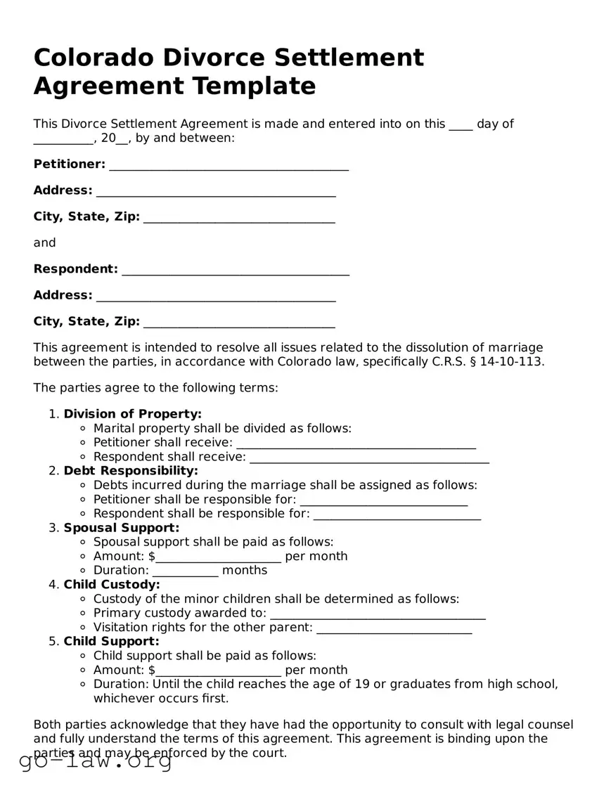 Fillable Colorado Divorce Settlement Agreement Form