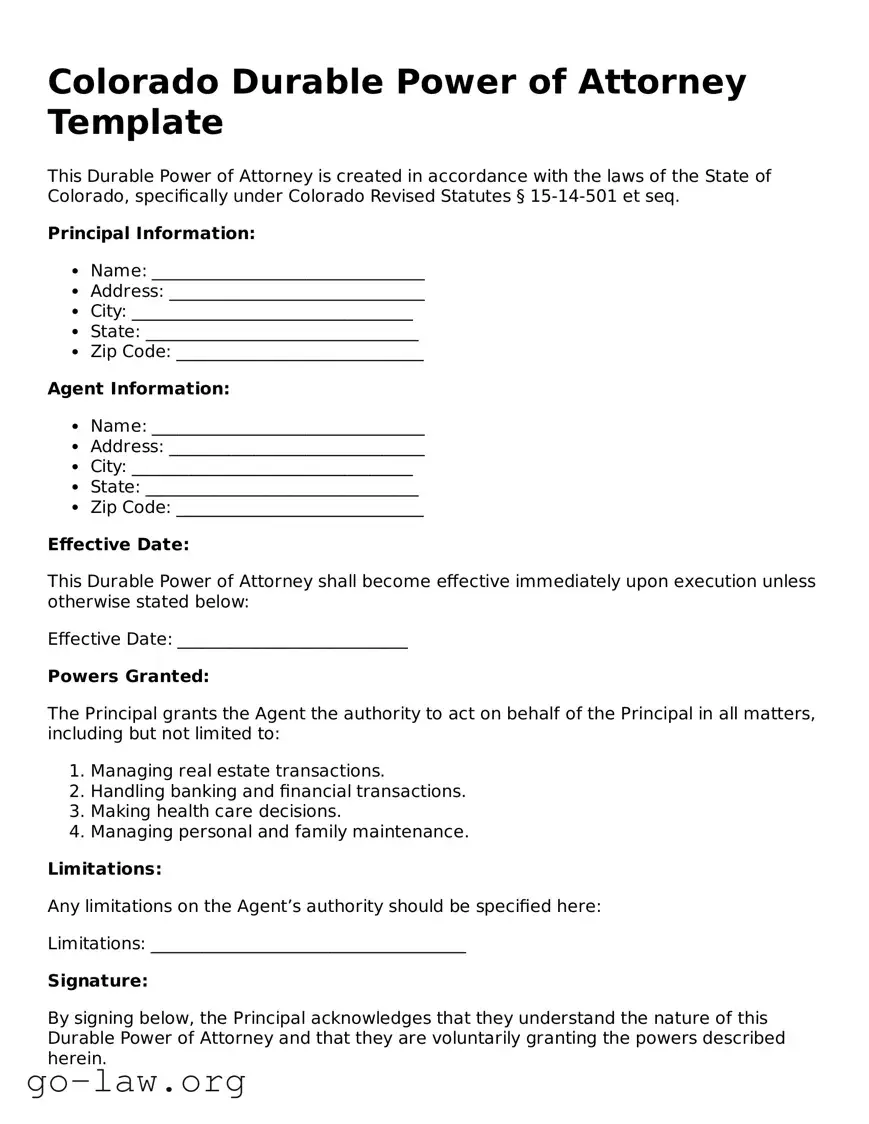 Fillable Colorado Durable Power of Attorney Form