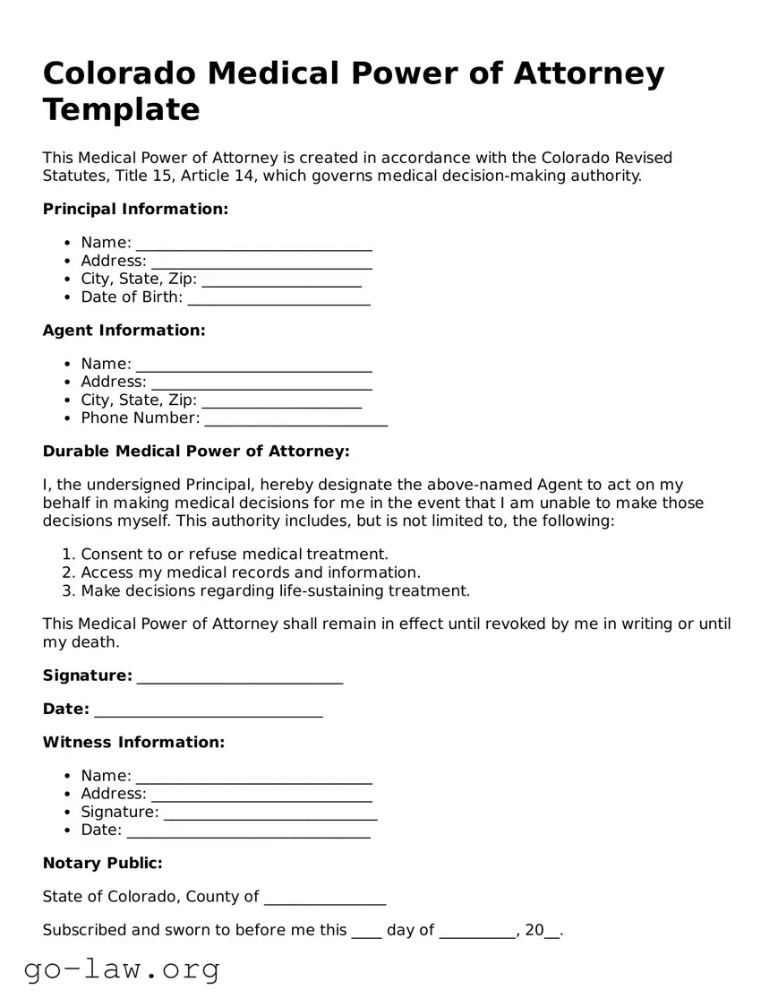 Fillable Colorado Medical Power of Attorney Form
