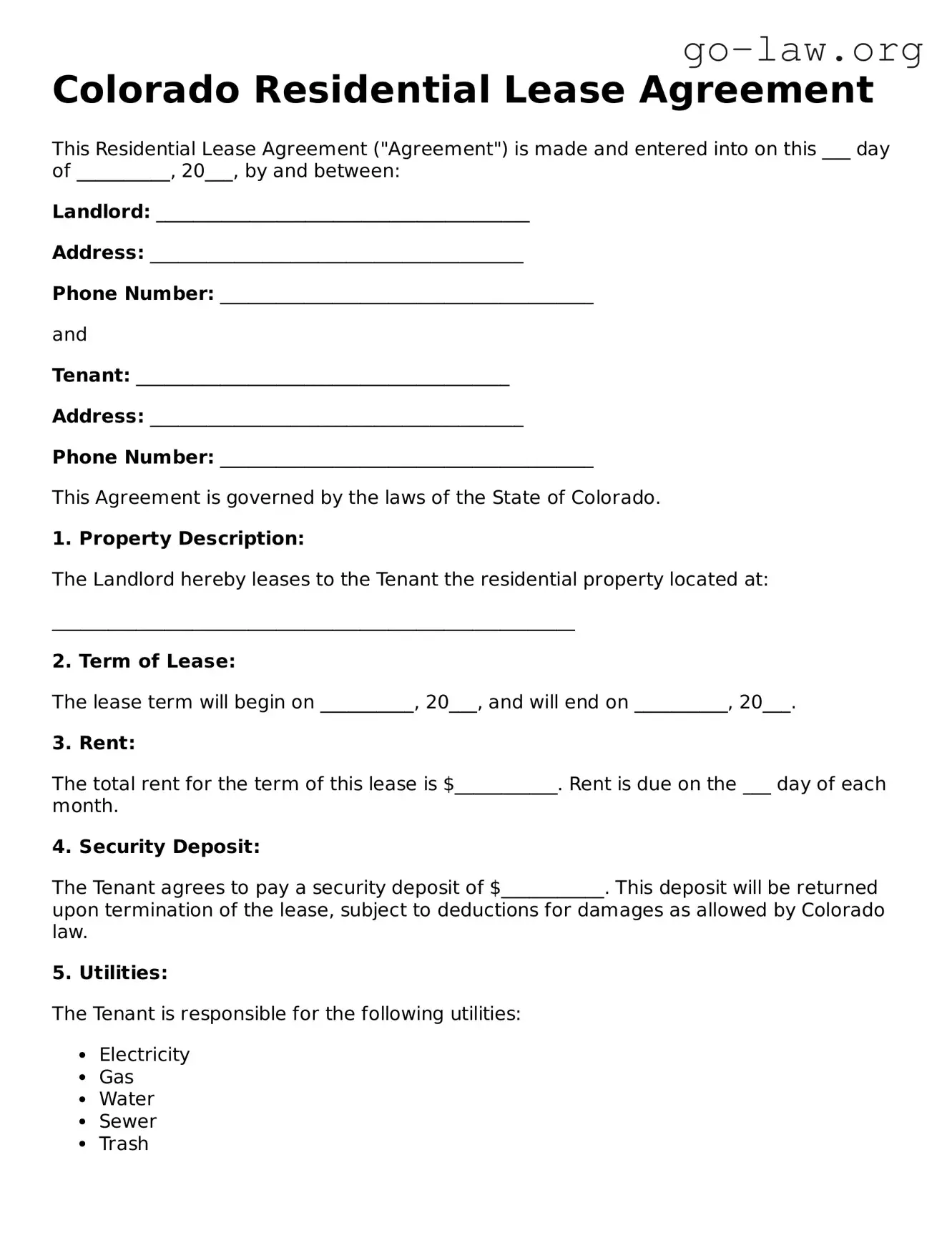 Fillable Colorado Residential Lease Agreement Form