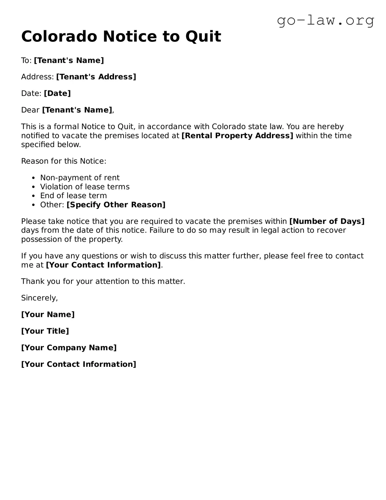 Fillable Colorado Notice to Quit Form