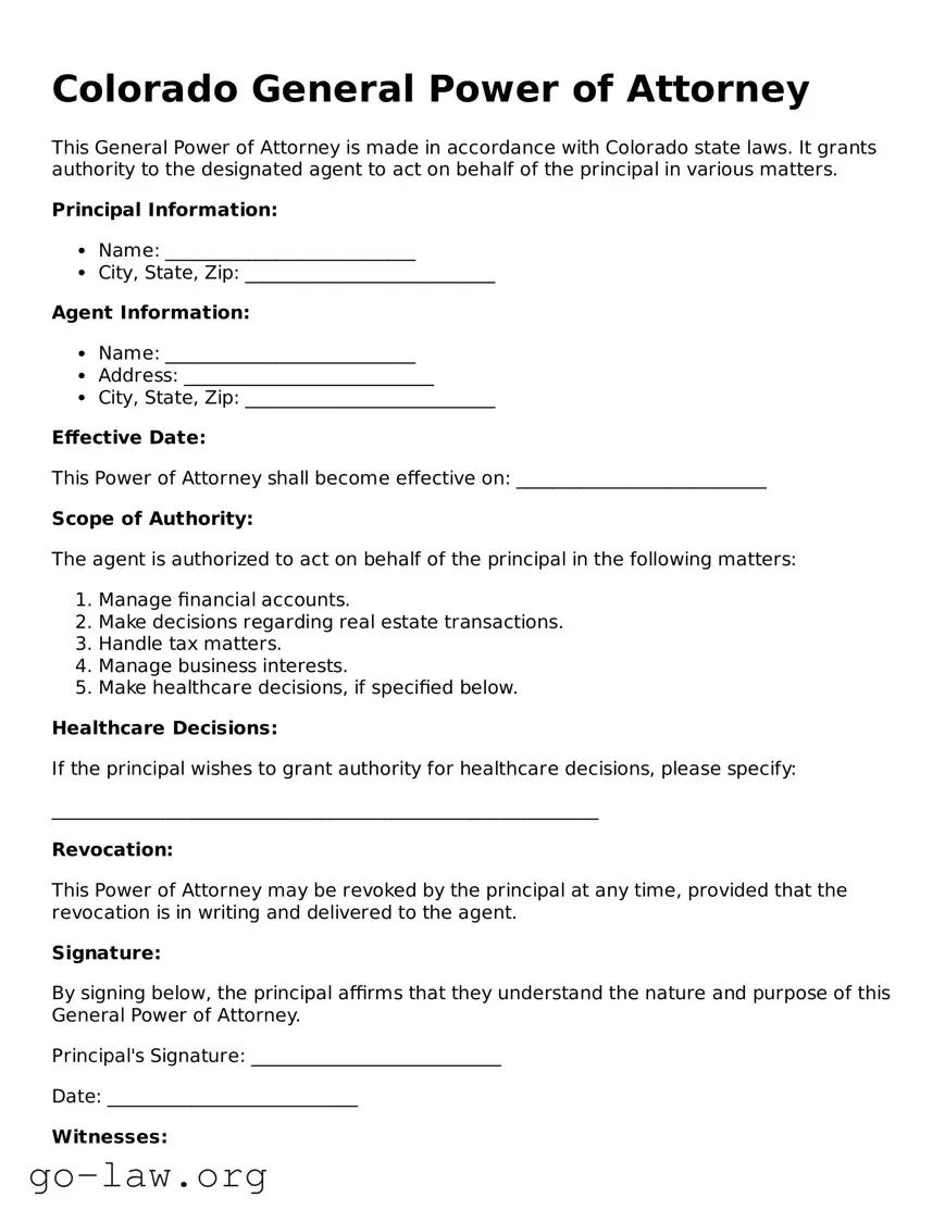 Fillable Colorado General Power of Attorney Form