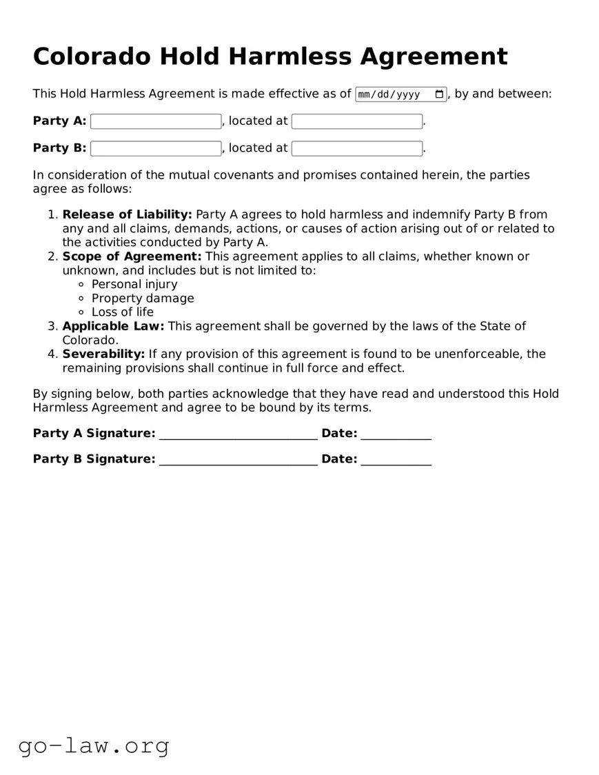Fillable Colorado Hold Harmless Agreement Form