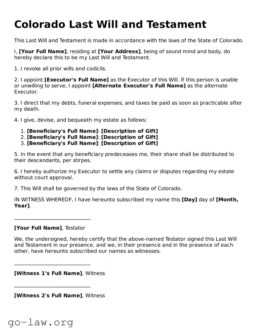 Fillable Colorado Last Will and Testament Form