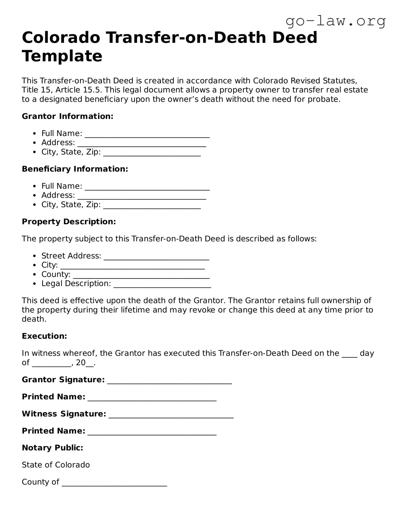 Fillable Colorado Transfer-on-Death Deed Form