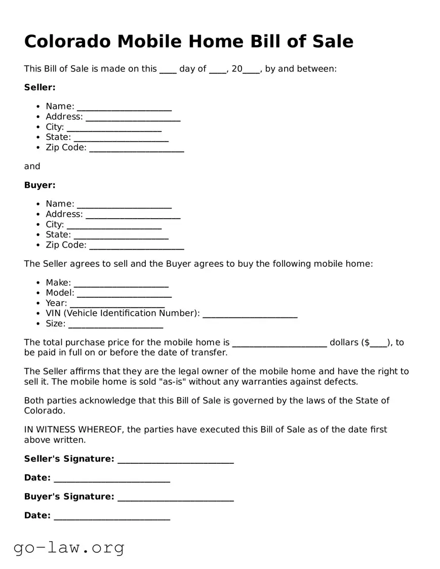 Fillable Colorado Mobile Home Bill of Sale Form