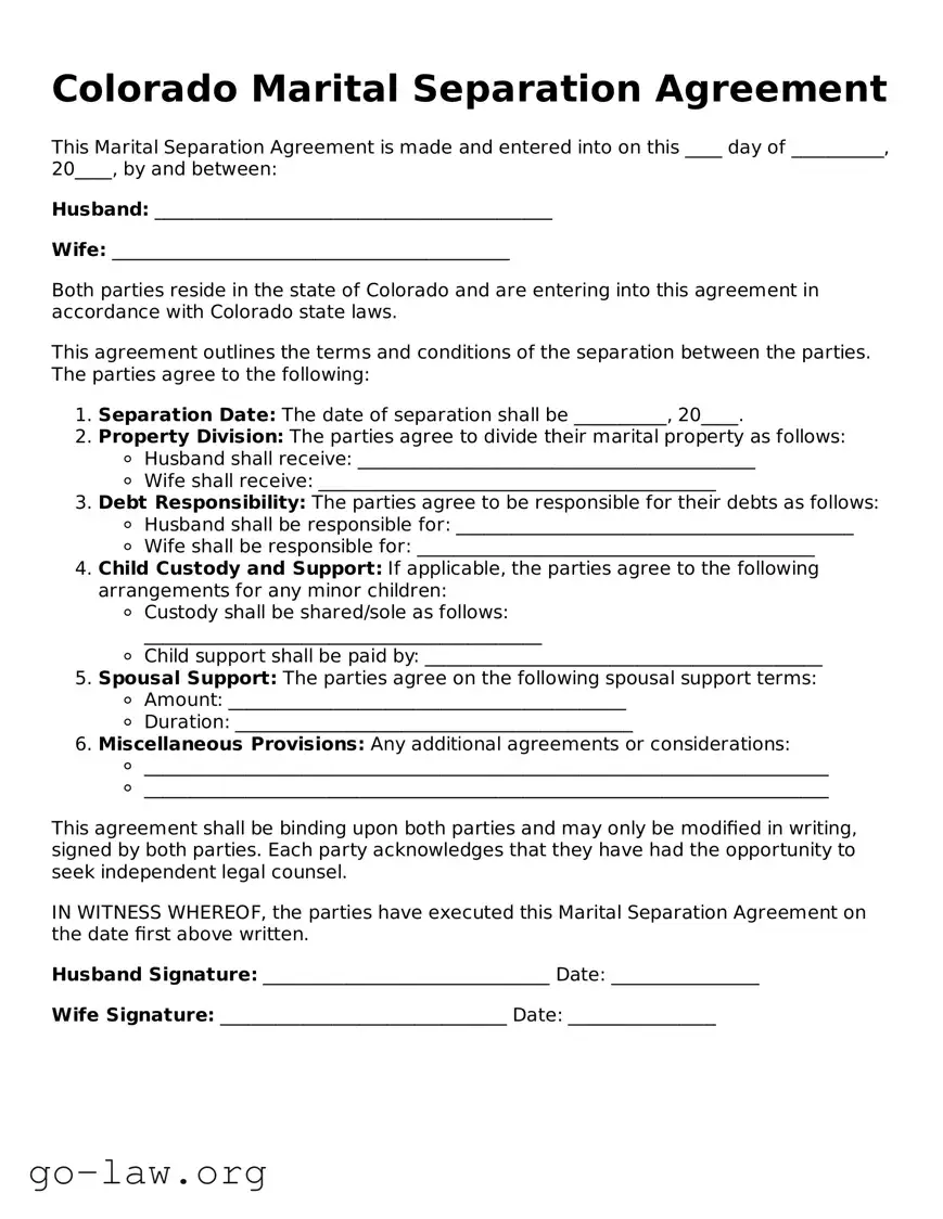 Fillable Colorado Marital Separation Agreement Form