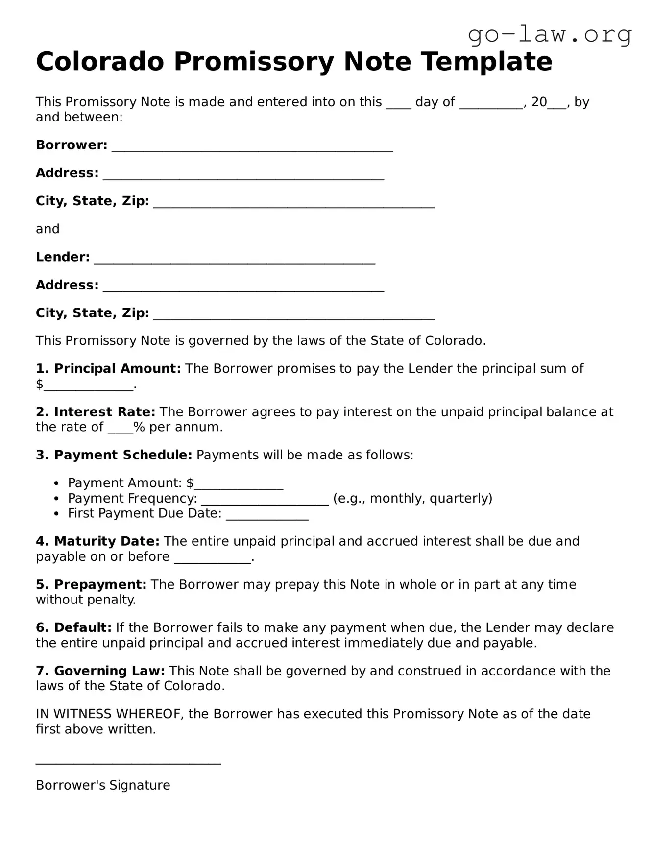 Fillable Colorado Promissory Note Form
